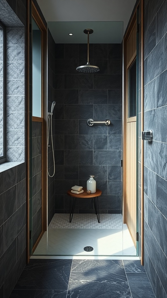A modern shower with dark stone walls and wooden accents, featuring a glass panel and a small wooden stool.