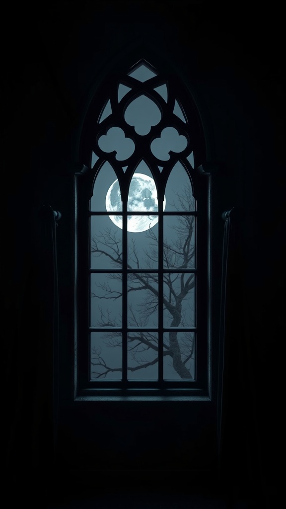 A gothic window with dark velvet drapes and a full moon illuminating the night sky.