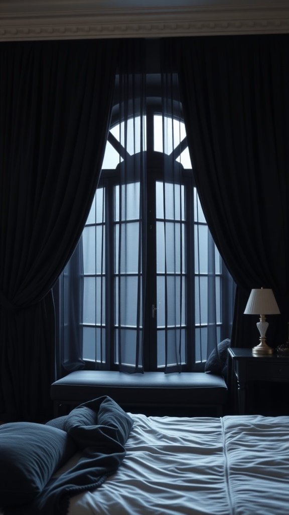 A cozy bedroom featuring dark velvet drapes framing a window, with a bed and side table in view.