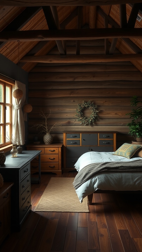 A cozy rustic bedroom with dark wood furniture, wooden beams, and soft textiles.