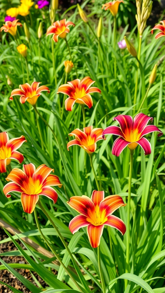 A colorful display of daylilies in various shades of orange and pink.