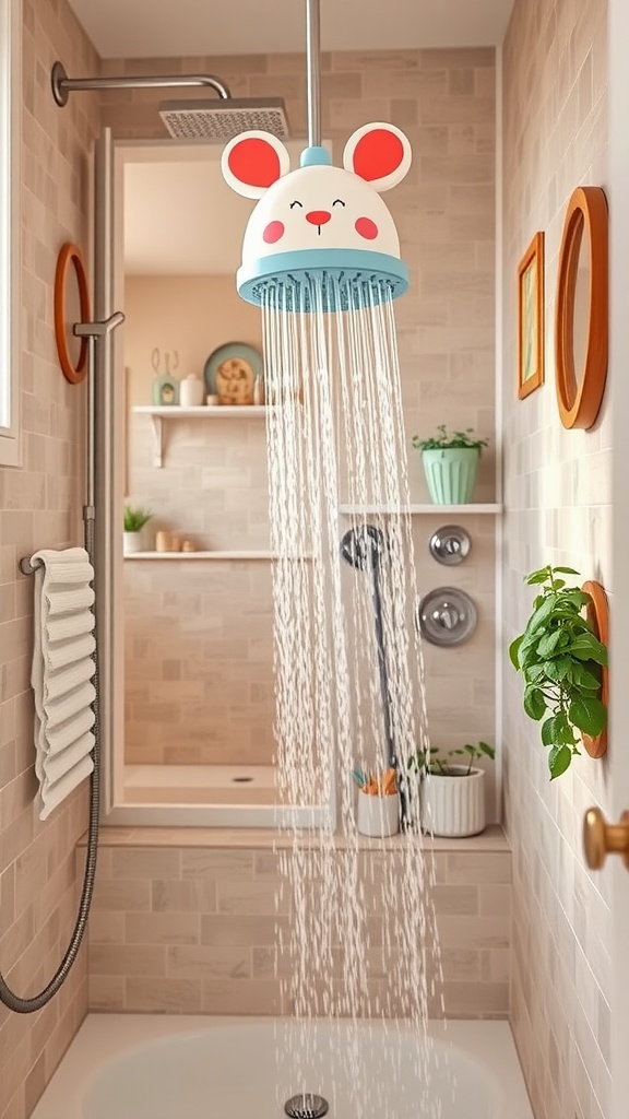 A playful shower head designed like a mouse, with water cascading down, in a kids' bathroom.