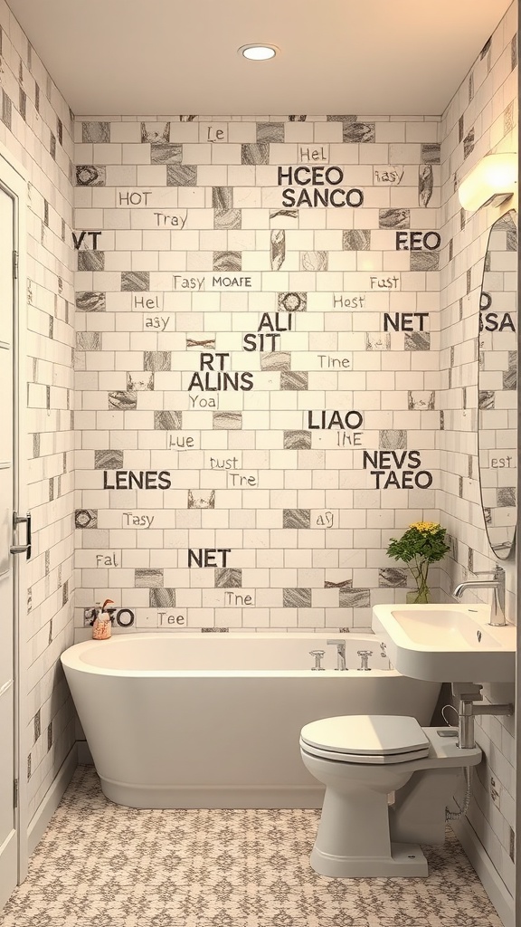 Stylish bathroom with peel and stick tiles, featuring a tub, toilet, and sink in a bright setting.