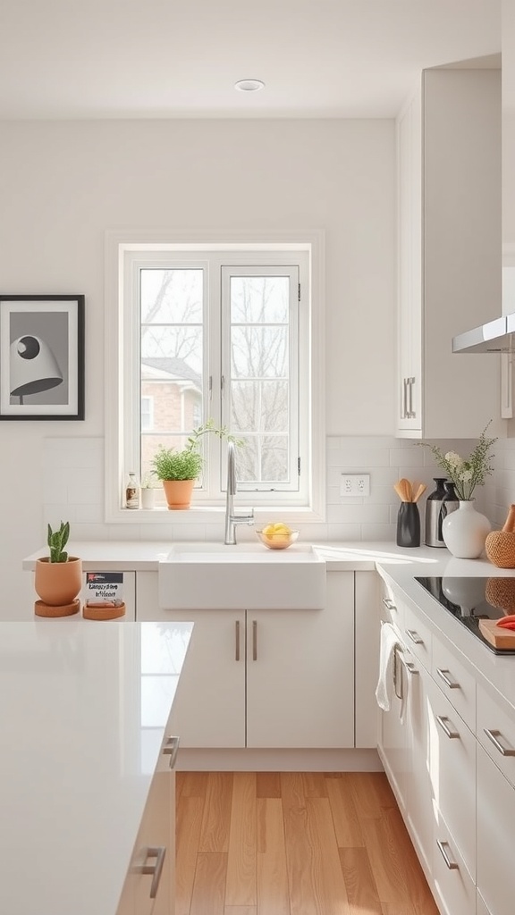A minimalist kitchen with decluttered countertops, featuring white cabinetry, potted plants, and a bowl of fruit.