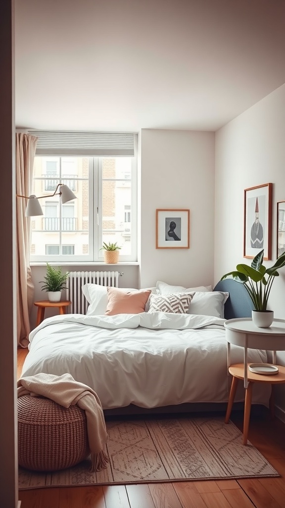 A small, minimalist bedroom featuring a bed with neutral bedding, a side table, and plants, creating a cozy and organized atmosphere.