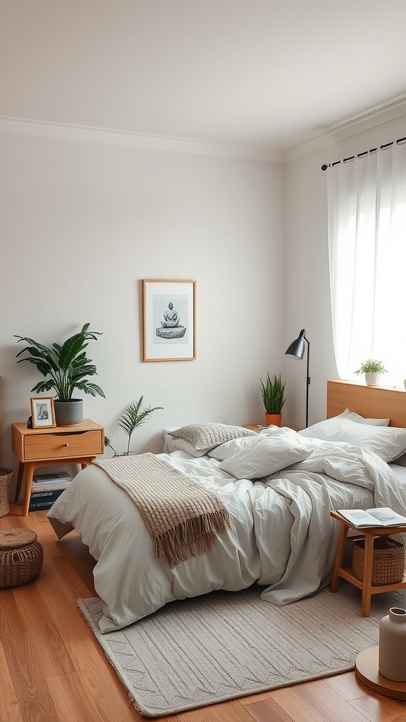 A zen bedroom with decluttered surfaces, featuring a neatly made bed, wooden furniture, and plants.