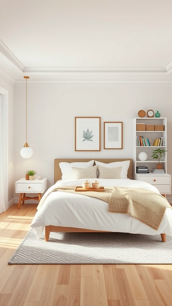 A serene and decluttered bedroom featuring a neatly made bed, minimal decor, and soft lighting.