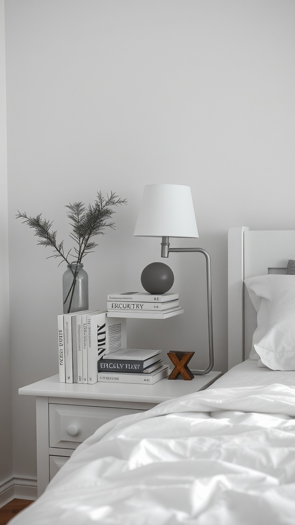 A neatly organized nightstand with a lamp, decorative books, and a plant.