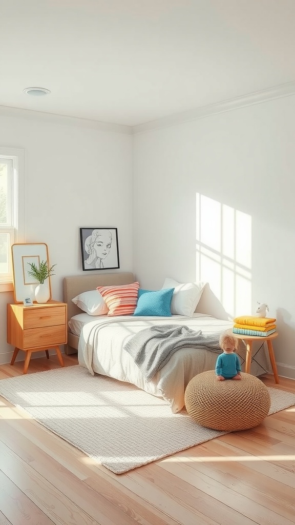 A bright and tidy bedroom featuring a cozy bed, colorful pillows, and a child sitting on a textured pouf.