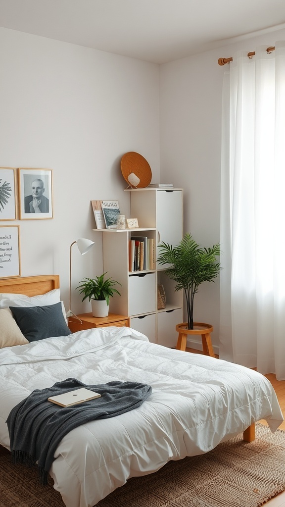 A calm and decluttered bedroom with a neatly made bed, soft textiles, and minimal decor.