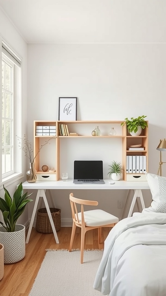 A small home office featuring a clean desk, laptop, and organized shelves with plants and decorative items.
