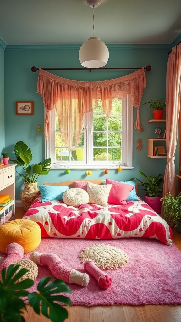 A colorful toddler room featuring a floor bed with pillows and a vibrant blanket, surrounded by plants and playful decor.