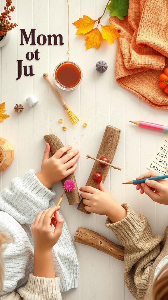 Hands decorating driftwood with paint and natural materials
