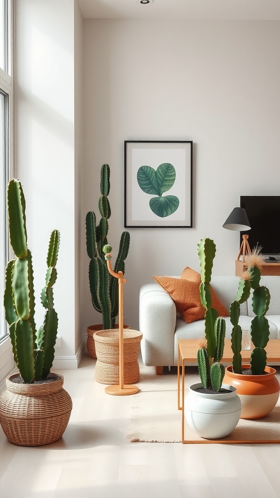 A modern living room with various cacti in woven pots arranged around a light-colored sofa and a coffee table.