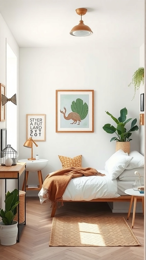 A small utility room with functional wall art, plants, and cozy decor.