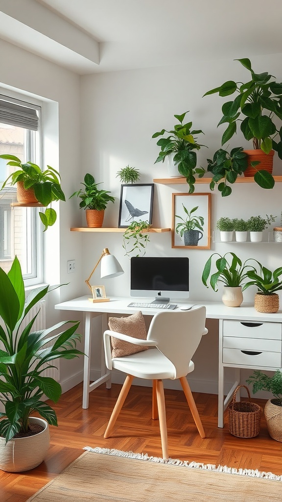 A bright and stylish bedroom office setup featuring various plants, a desk with a computer, and decorative shelves.