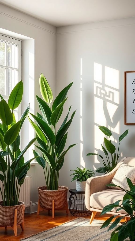 A cozy living room featuring tall house plants in woven baskets, a light-colored couch, and sunlight streaming through a window.