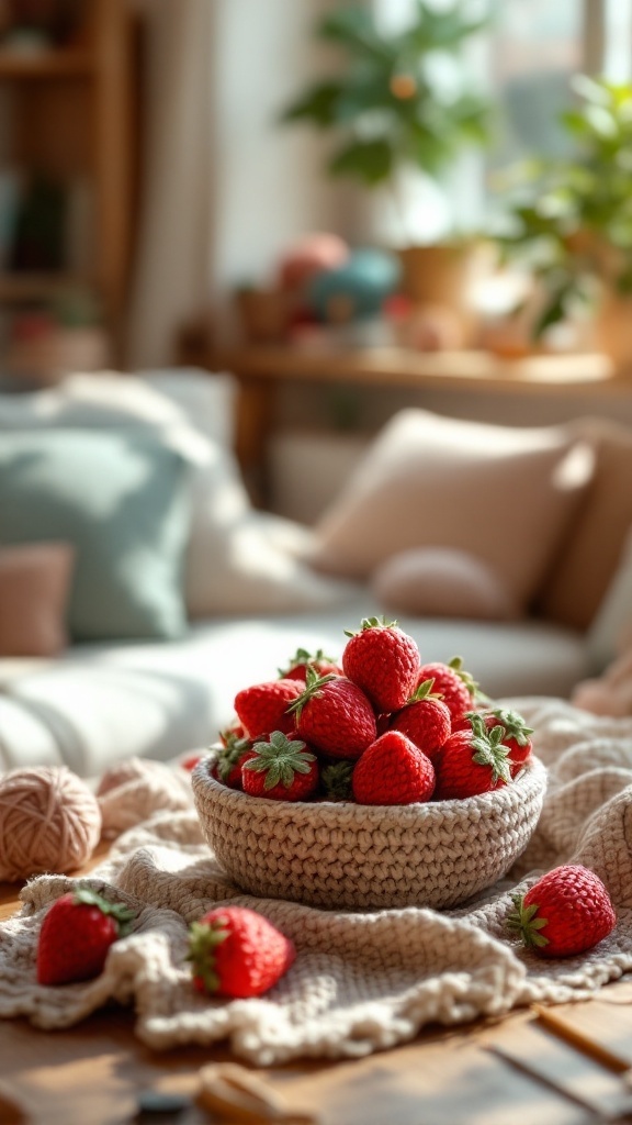 A cozy setting with a bowl of crochet strawberries on a wooden table, surrounded by yarn and soft blankets.