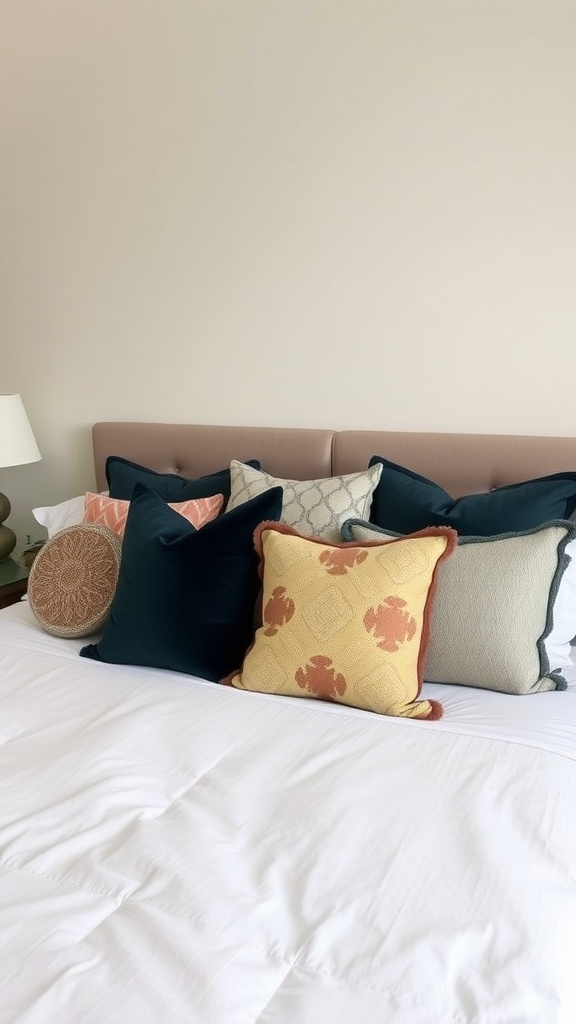 A stylish arrangement of decorative accent pillows on a bed, featuring various colors and textures.