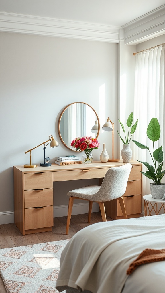 A bright bedroom with a vanity and desk combo featuring a mirror, floral arrangement, and plants.