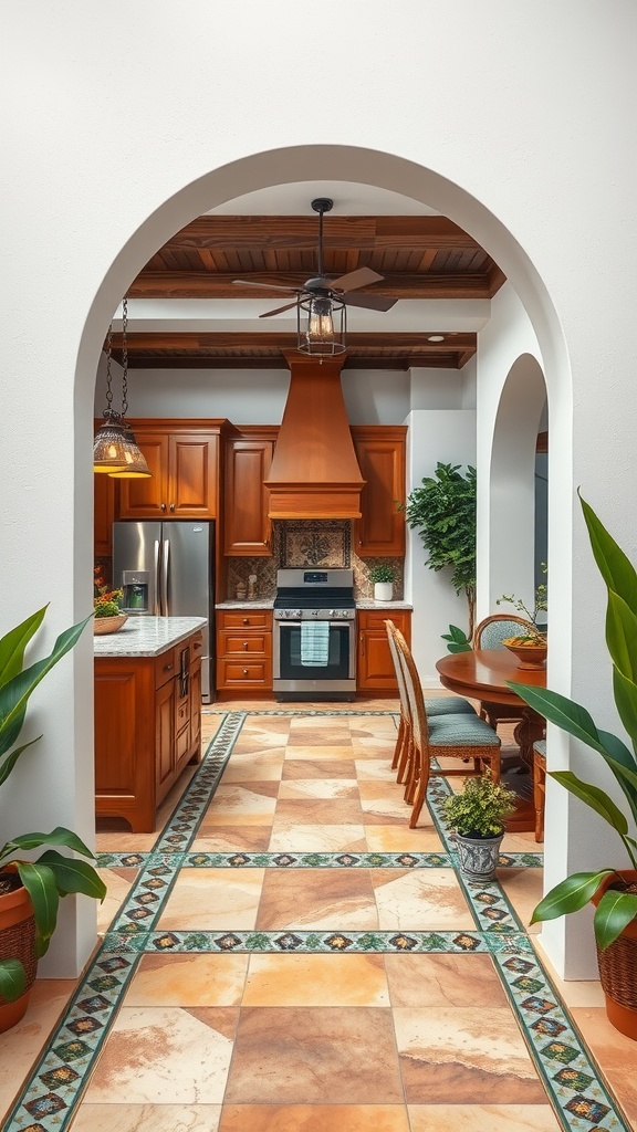A kitchen featuring a decorative archway pass through with wooden beams and tiled floor.
