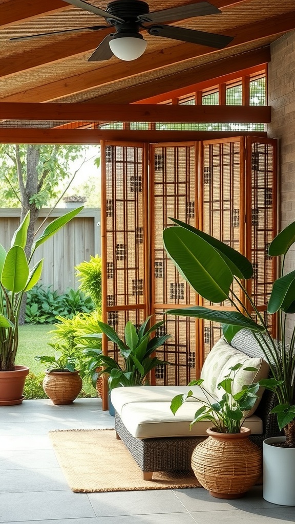 A cozy outdoor space featuring a bamboo screen, plants, and a comfortable seating area.