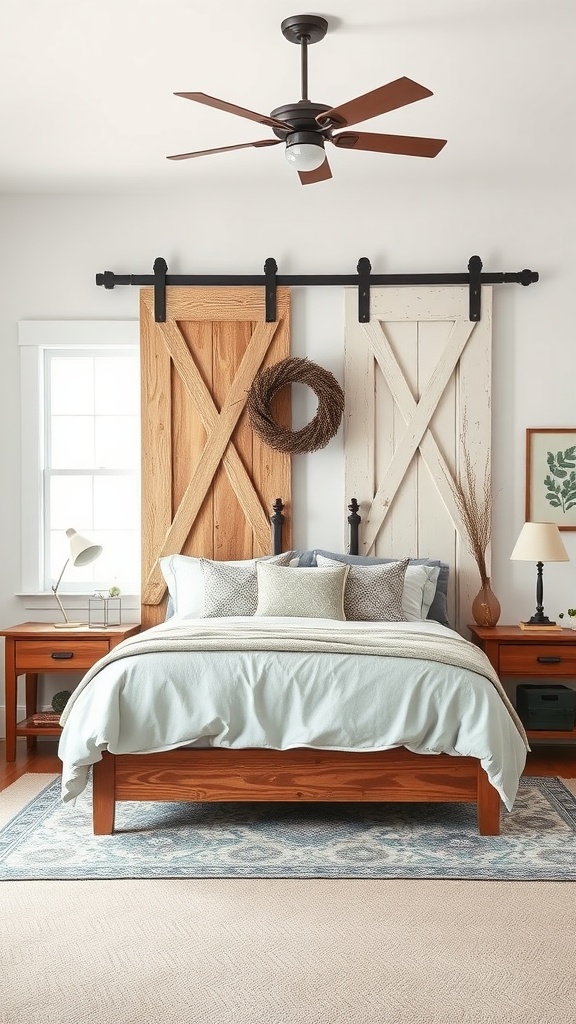 A farmhouse bedroom featuring decorative barn doors as a headboard, with a wooden and a white door, complemented by soft bedding and decor.