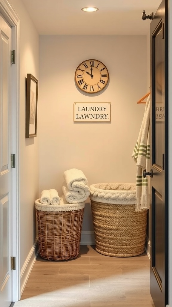 A small hallway laundry room featuring two decorative baskets, towels, a clock, and a sign reading 'LAUNDRY'.