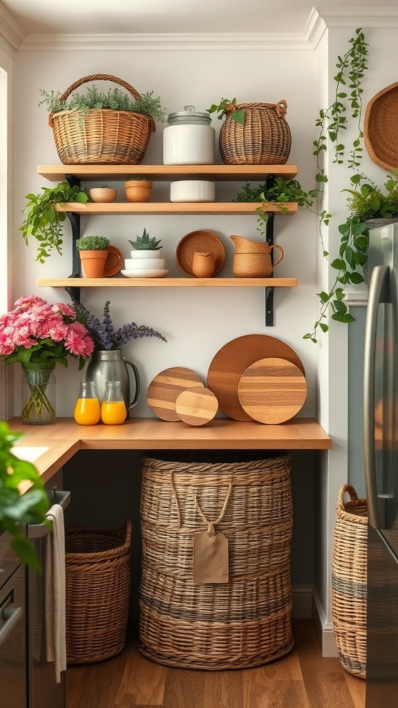 A cozy boho kitchen featuring decorative baskets, plants, and wooden shelves.