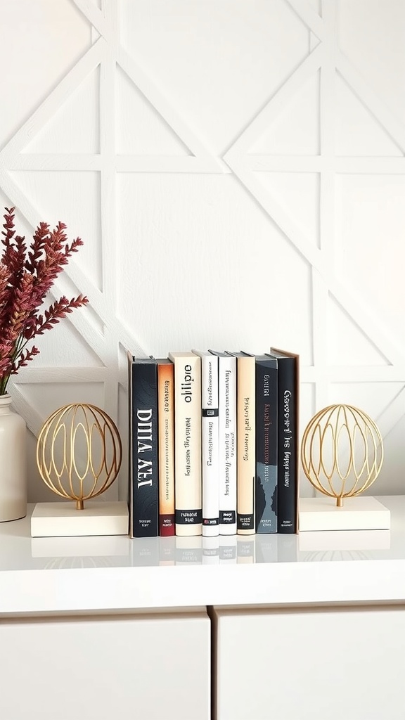 A cozy bookshelf with decorative golden bookends, neatly arranged books, and a vase of dried flowers.