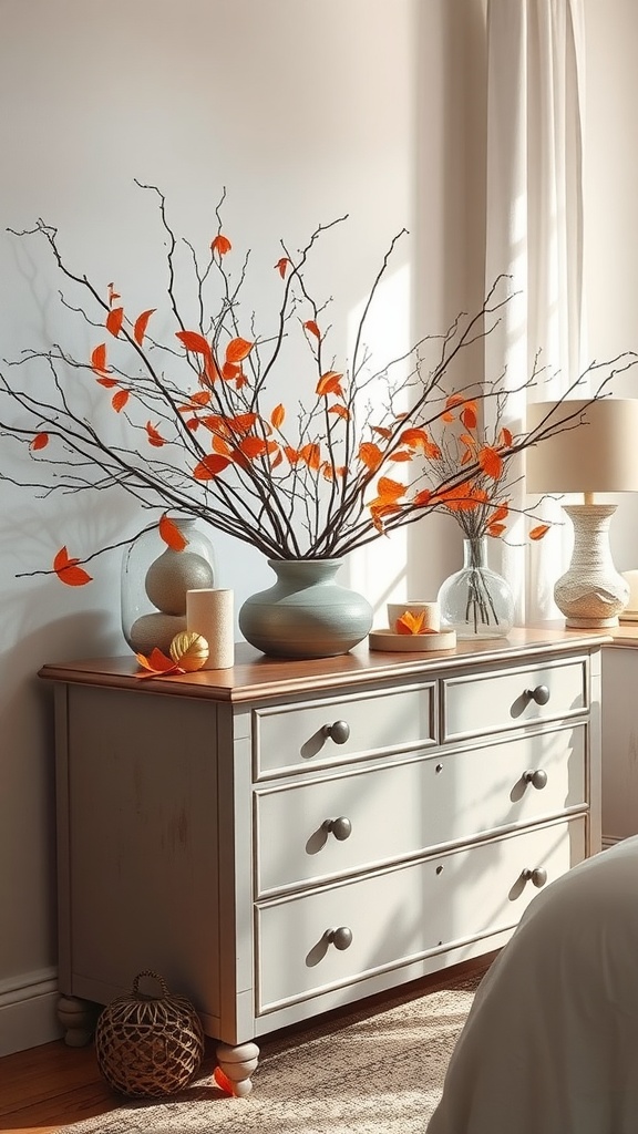 Decorative branch centerpiece with orange leaves on a dresser in a cozy bedroom