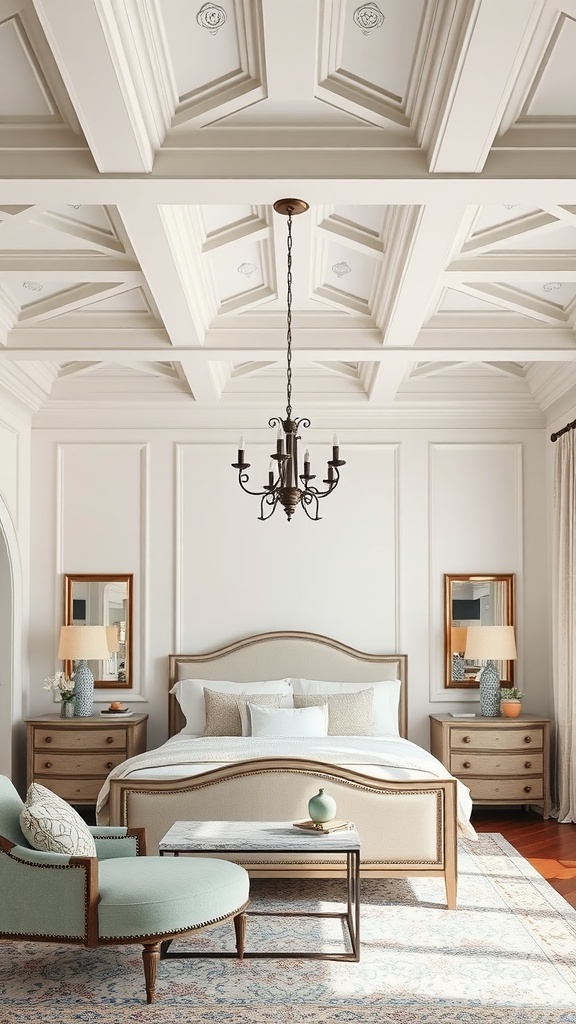 A beautifully decorated bedroom featuring a coffered ceiling and elegant chandelier.