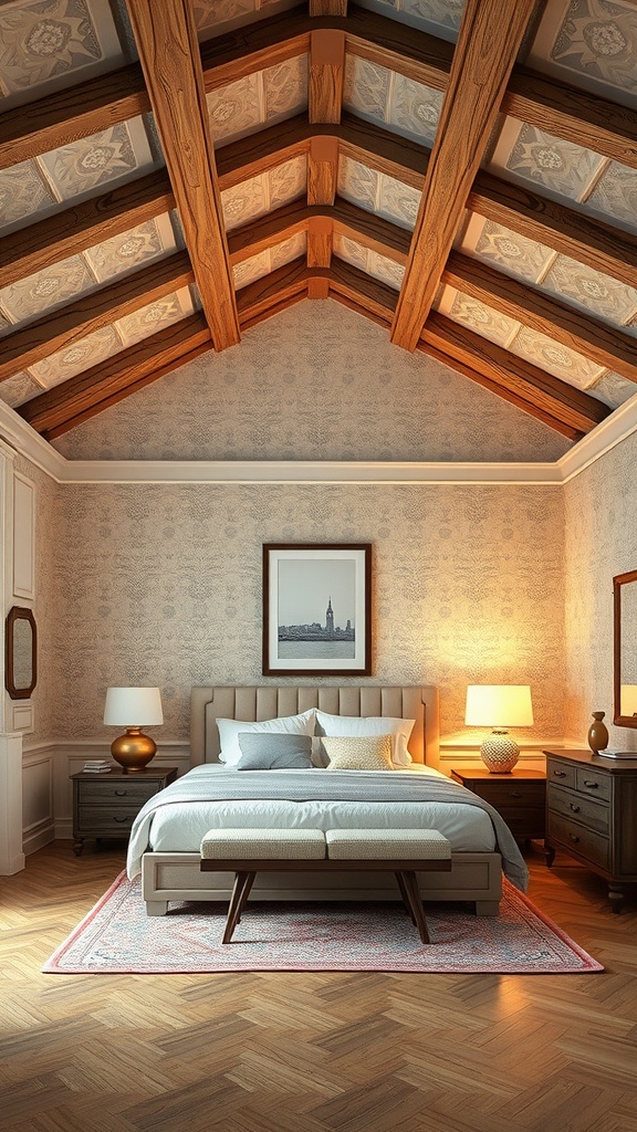 A cozy bedroom featuring wooden beams and decorative ceiling tiles.
