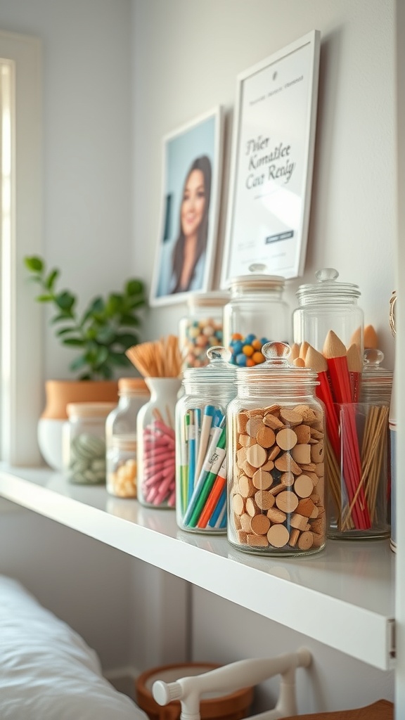 A collection of decorative jars filled with colorful craft supplies on a shelf.