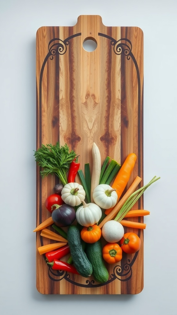 A decorative wooden cutting board with various fresh vegetables arranged artistically