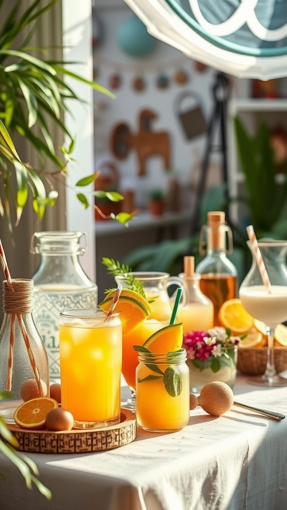 A colorful drink station at a baby shower, featuring various beverages in glass containers, garnished with fruits and greenery.