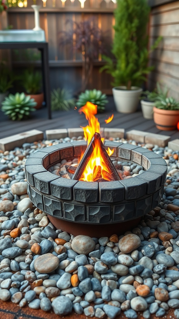 A decorative fire pit surrounded by smooth stones and potted plants.