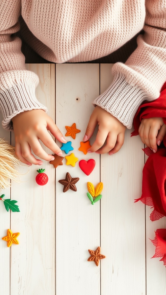 A child's hands arranging colorful shapes made from clay or foam on a wooden table.