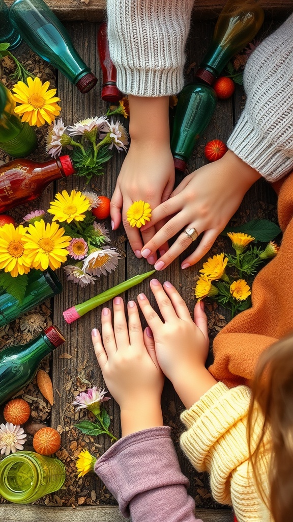Hands arranging colorful bottles and flowers on a wooden surface, showcasing a creative garden edging project.