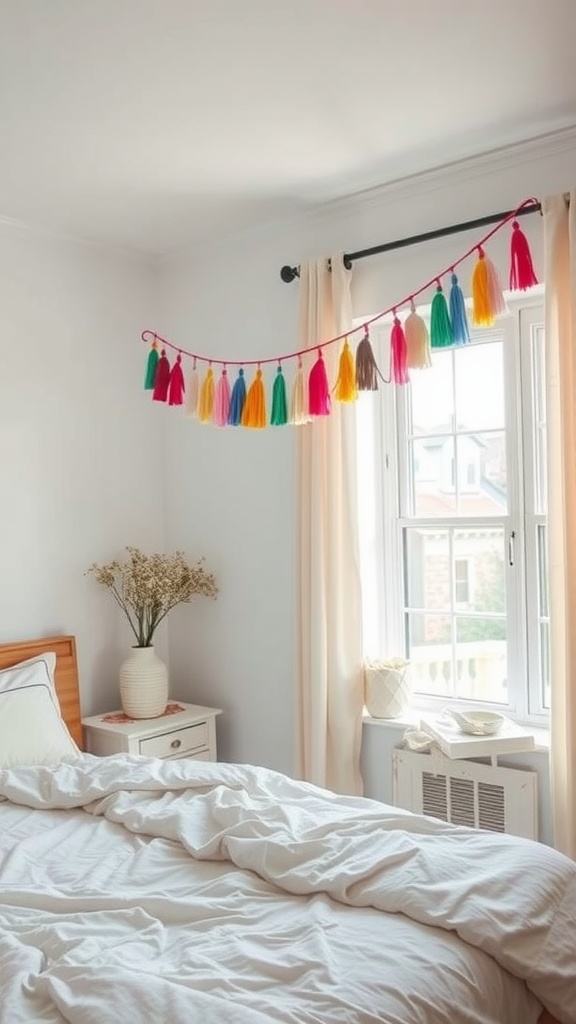 Colorful tassel garland hanging in a bright bedroom