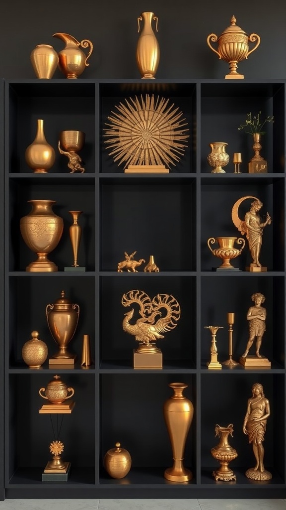 A black shelf filled with decorative gold accessories including vases, figurines, and art pieces.
