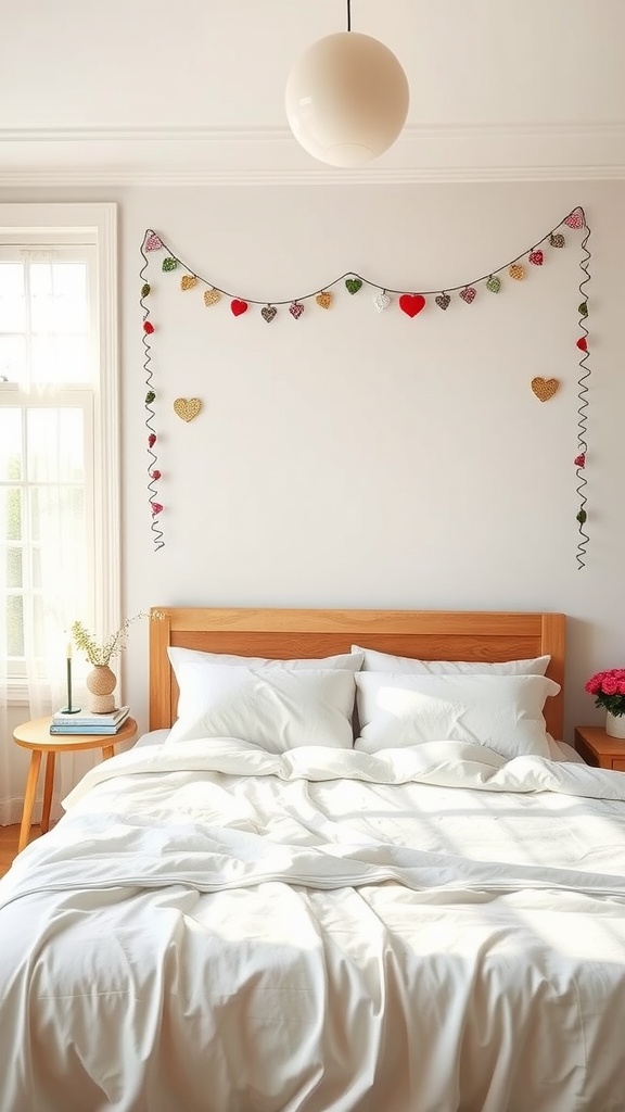 A cozy bedroom featuring a heart garland on the wall above a neatly made bed with white linens.