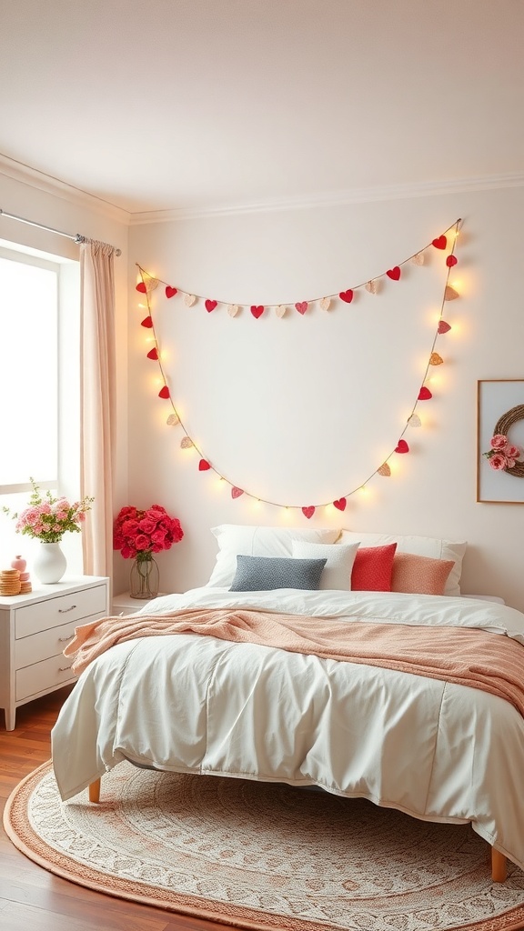 A cozy bedroom decorated with a heart garland, featuring red and cream hearts illuminated by soft lights.