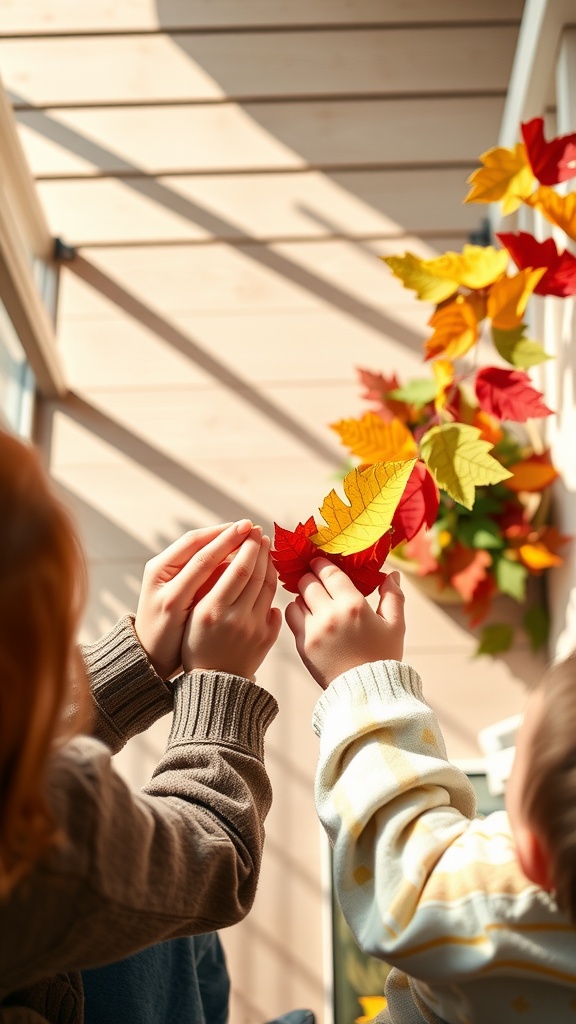 Kids holding colorful leaves for a decorative garland project