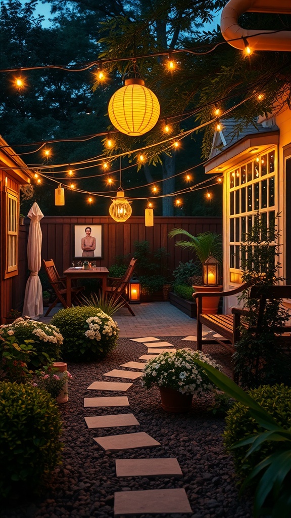 A cozy backyard with decorative lighting, including string lights and lanterns, creating an inviting atmosphere.