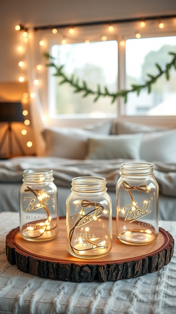 Three mason jars filled with glowing lights on a wooden base, creating a cozy room decor.