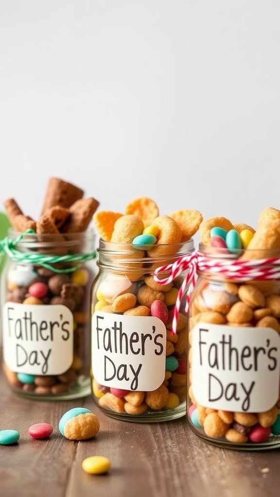 Decorative mason jars filled with assorted snacks for Father's Day