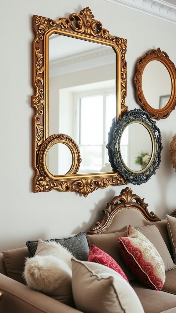 A living room wall featuring a large ornate gold mirror frame surrounded by smaller decorative mirrors.