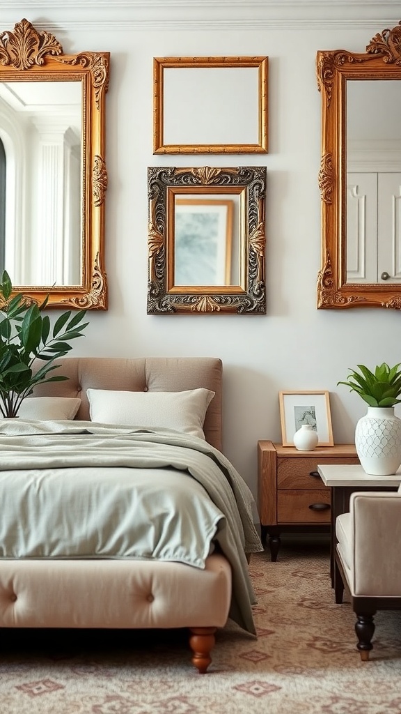 A living room with decorative mirrors in ornate frames, featuring a cozy bed and stylish furnishings.