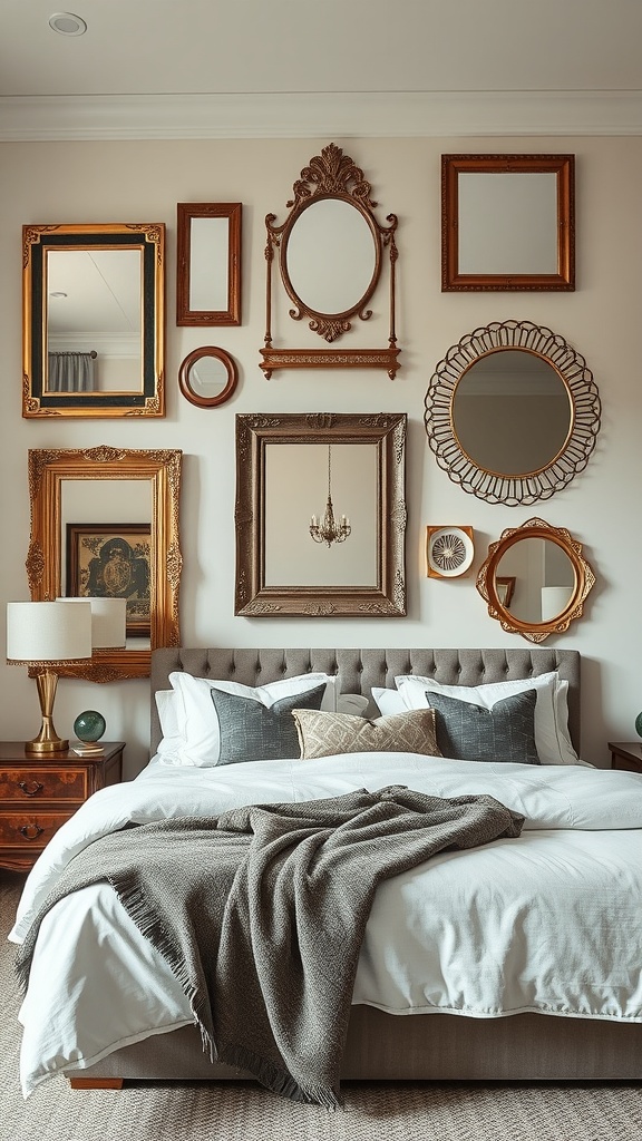 A collection of decorative mirror frames in various styles and sizes arranged on a wall above a bed.